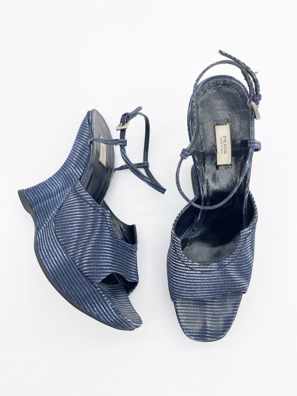 Prada Vintage Fall 2004 Runway Blue Wavy Striped Platform Wedge Sandals IT 40